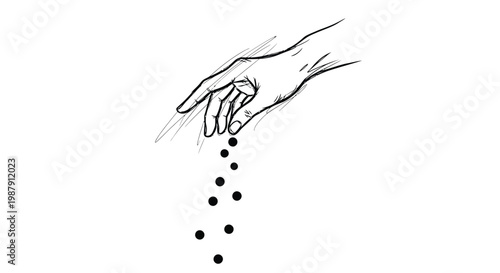 A sketched hand delicately releases a cascade of small dark circular shapes downward