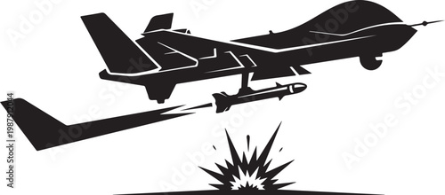 Military drone, combat aircraft, black silhouette, explosion, missile launch, vector icon