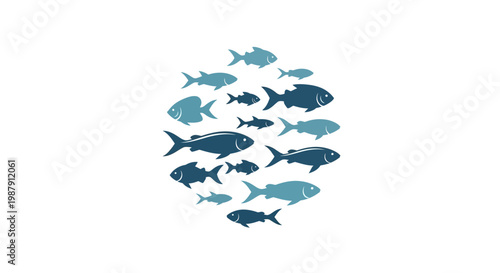 School of Blue Fish Swimming Together in Circle Formation on White Background