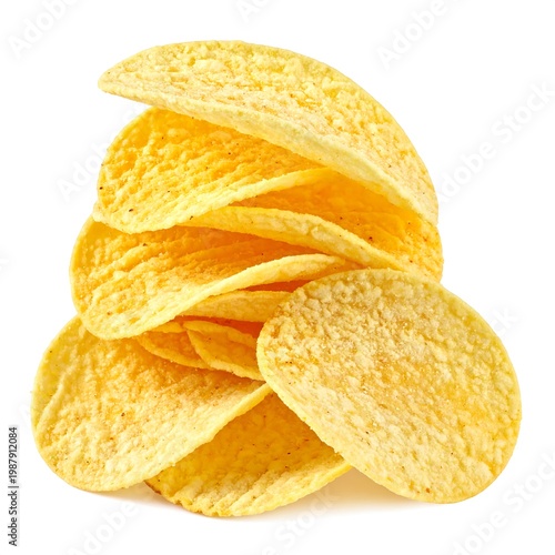 A stack of crispy potato chips, golden-yellow in color, arranged artfully against a pristine white background. Shadows add depth