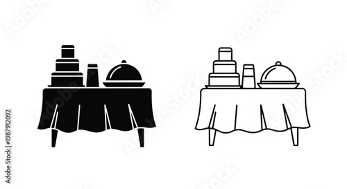 A minimalist depiction of a banquet table setting with tiered desserts and covered dishes