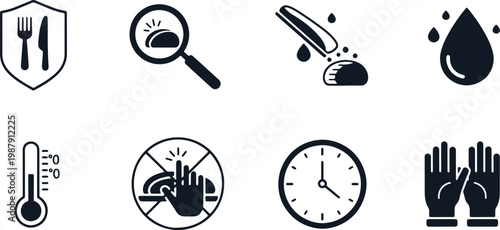 Collection of dark icons for hygiene and safety, kitchen and laboratory symbols, healthcare signs.