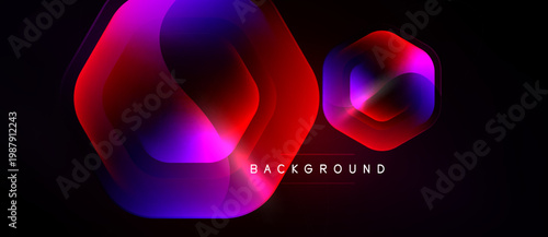 Abstract hexagons overlap, creating vibrant gradients. Pink, red, blue hues dominate dark background. Modern design element.