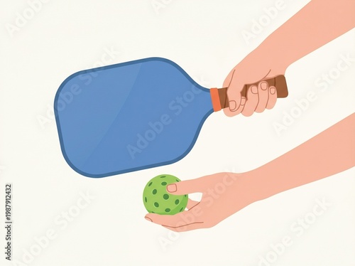 Hand holding pickleball paddle and ball ready to serve recreational sport concept close up