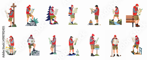 Flat vector illustration collection of diverse hikers and travelers navigating with paper maps in various outdoor settings for adventure, exploration, and travel themes.