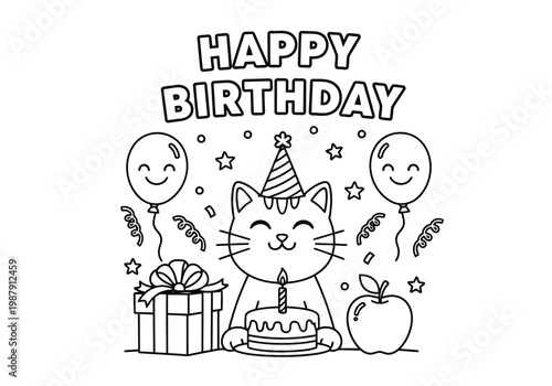 A cute birthday celebration featuring a cat with a party hat and candles on a cake