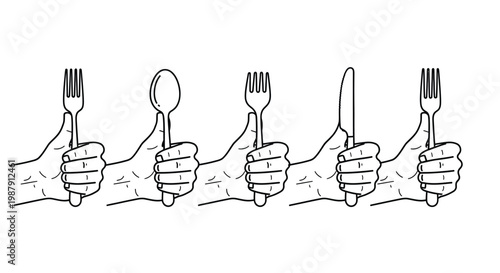 Five hands each holding a different piece of silverware in a simple black and white sketch
