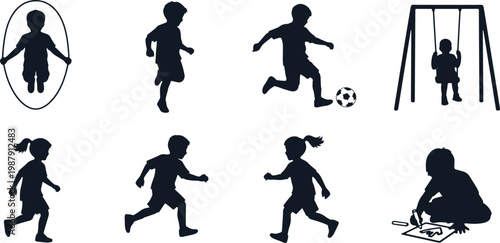Children silhouettes jumping rope playing soccer on swing set drawing outdoors.