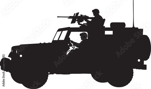 Military vehicle, army truck, black silhouette, combat transport, warfare illustration, vector graphics