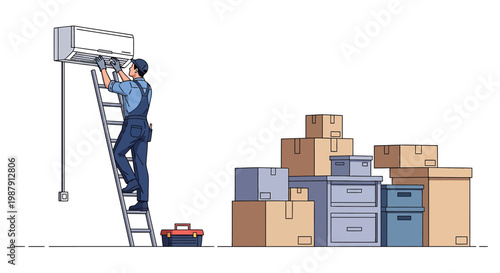 Technician Installing Air Conditioner Unit on Wall.