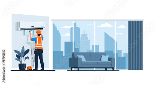 Air conditioner installation technician working indoors.