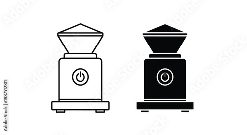 A pair of minimalist coffee grinder icons are displayed one white and one black showcasing a modern design