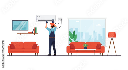 Professional technician installing air conditioner in a modern living room.