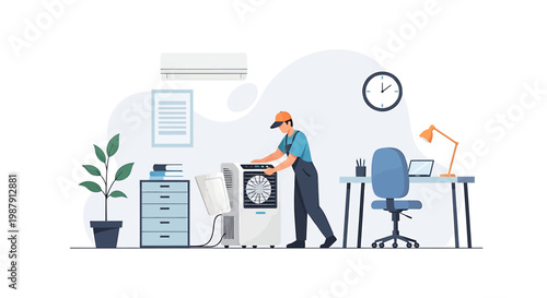 Technician repairing air conditioner in an office setting.