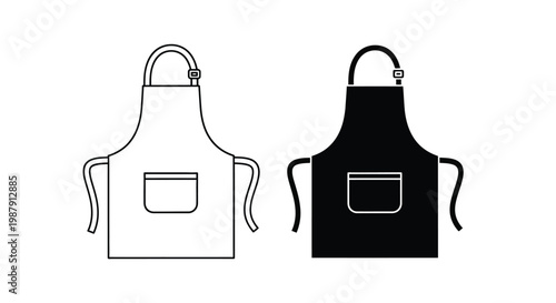 A simple illustration depicts two kitchen aprons one white and one black side by side