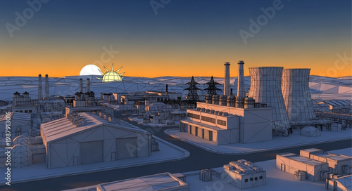 Industrial complex at sunrise with snow covered ground.