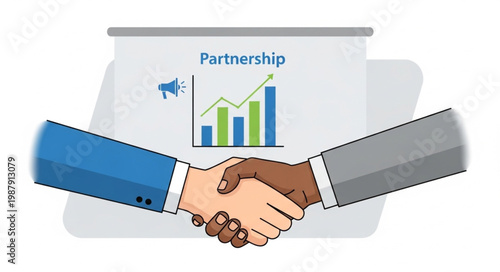 Business partners shaking hands in agreement with partnership chart.