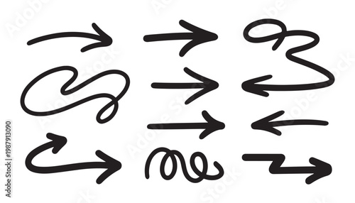Minimalist hand drawn arrow collection with simple lines and various directions for clean graphic design tasks.
