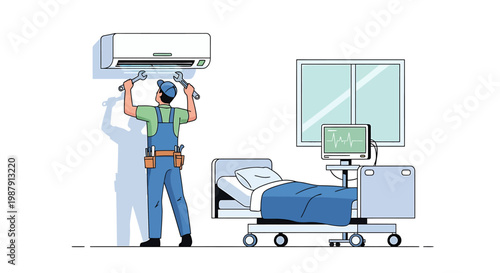 HVAC technician installing air conditioner in hospital room.