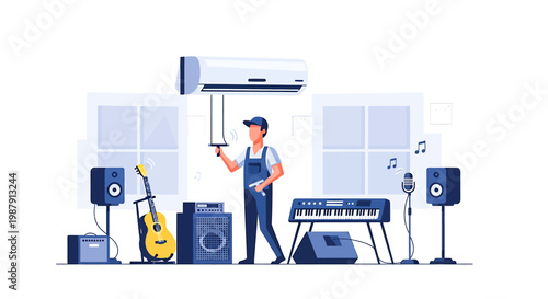 Air conditioner technician working on musical equipment.