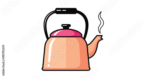 A colorful cartoon illustration depicts a vintage kettle with steam rising suggesting hot water