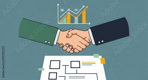 Business partners shaking hands with financial chart and flowchart.