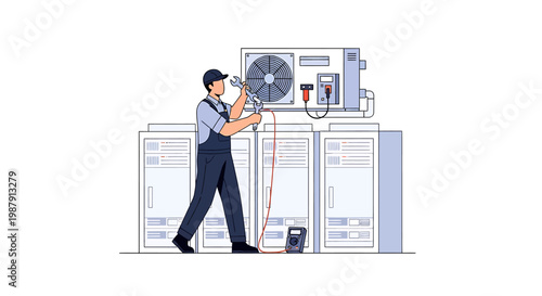 HVAC technician performing maintenance on air conditioning unit.