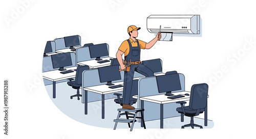 HVAC technician installing air conditioner in office setting.