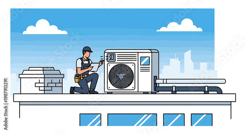 HVAC technician performing maintenance on rooftop unit.