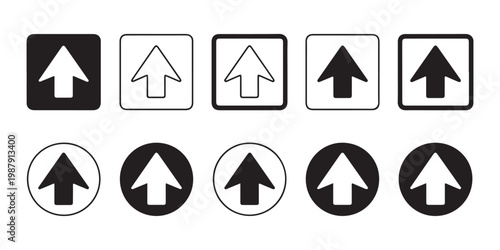 Set of black arrow icons pointing up in square and circle shapes for navigation and direction.