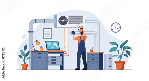 HVAC technician installing air conditioner unit indoors.