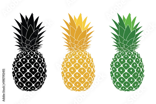 Three pineapples in different color schemes black gold and green