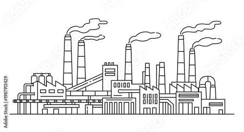Industrial factory with smoking chimneys in a sketch style.