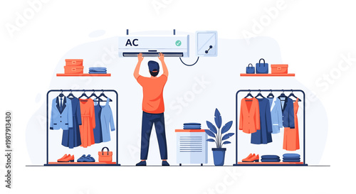 Man installing air conditioner above clothing racks.