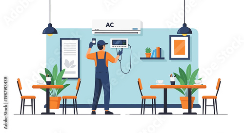 Air conditioner technician performing maintenance on unit.