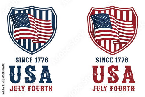 Patriotic american shields with usa text and july fourth emblems