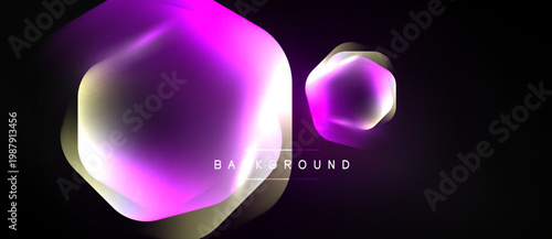 Abstract shapes, vibrant pinks, golds, whites over black background. Modern design, glossy texture, dynamic composition.