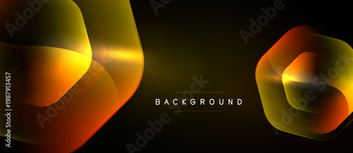 Abstract shapes overlap, creating dynamic golden hues against dark background. Modern design emphasizes light, shadow, texture.