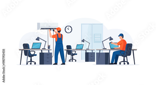 Two technicians installing air conditioning unit in office.