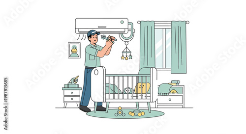 Technician Installing Air Conditioner Above Baby Crib.