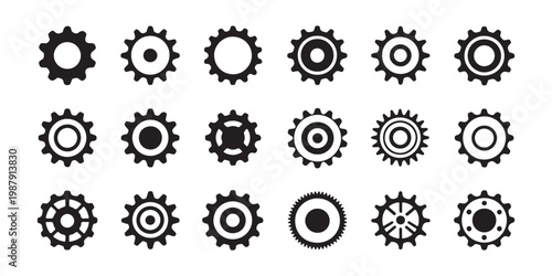 Different gear wheel shapes black cogwheel icons vector set industrial machinery parts engineering silhouette.