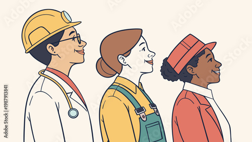 Construction Workers Side View Team Flat Illustration