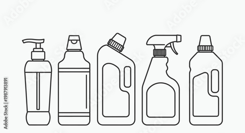 A linear illustration depicting five different types of cleaning product containers in a row