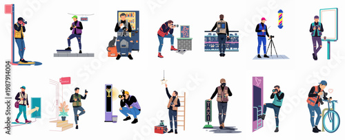 Set of flat vector illustrations of street photographers in urban environments, featuring various poses, professional camera gear, and stylish tactical streetwear outfits.