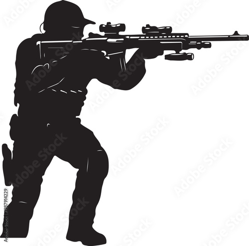 Sniper, soldier, black silhouette, rifle, tactical, military, vector