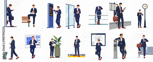 Collection of flat vector illustrations depicting a stylish businessman in a pinstripe suit commuting and waiting at various transport hubs.