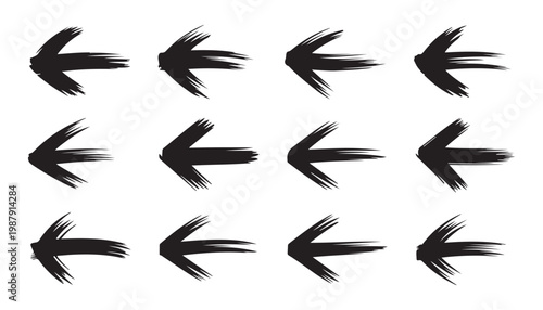 A series of wide brush stroke arrows in black ink showing movement and direction with artistic paint textures.