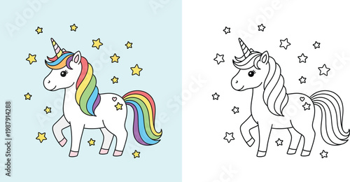 Set of cute cartoon unicorn illustrations with rainbow mane and stars, featuring both colored and black and white coloring book page versions for kids' education and creative play.