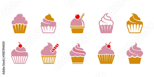 Collection of cupcake and cherry vector icons with modern flat style, ideal for dessert shops, cafe branding, pastry logos, and sweet food illustration.