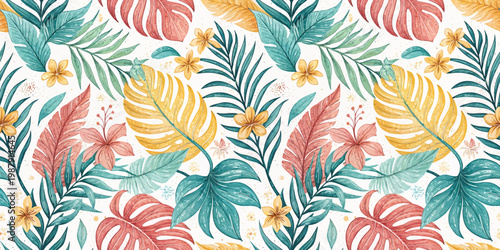 Colorful tropical leaves and flowers repeating pattern design on light background Vector